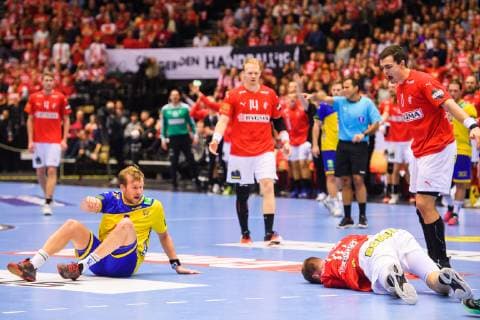190123 Max Darj of Sweden and Nikolaj R. B. Markussen of Denmark after a collision during the IHF World Handball Championship match between Denmark and Sweden on January 23, 2019 in Herning. Photo: Petter Arvidson BILDBYRN kod PA 92213 Copyright: PETTERxARVIDSON BB190123PA097