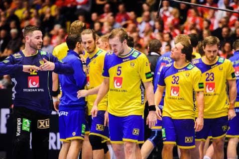 190123 Goalkeeper Andreas Palicka, Max Darj, Mattias Zachrisson and Albin Lagergren of Sweden looks dejected during the IHF World Handball Championship match between Denmark and Sweden on January 23, 2019 in Herning. Photo: Petter Arvidson BILDBYRN kod PA 92213 Copyright: PETTERxARVIDSON BB190123PA108