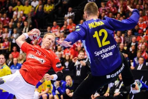 190123 Anders Zachariassen of Denmark and goalkeeper Andreas Palicka of Sweden during the IHF World Handball Championship match between Denmark and Sweden on January 23, 2019 in Herning. Photo: Petter Arvidson BILDBYRN kod PA 92213 Copyright: PETTERxARVIDSON BB190123PA110