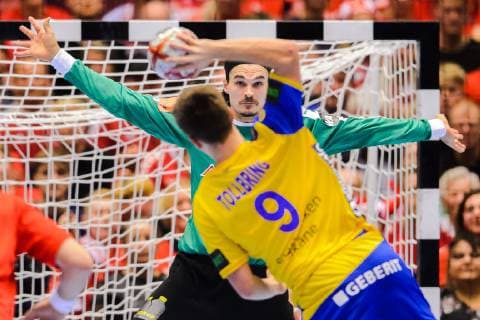190123 Goalkeeper Jannick Green of Denmark and Jerry Tollbring of Sweden during the IHF World Handball Championship match between Denmark and Sweden on January 23, 2019 in Herning. Photo: Petter Arvidson BILDBYRN kod PA 92213 Copyright: PETTERxARVIDSON BB190123PA113