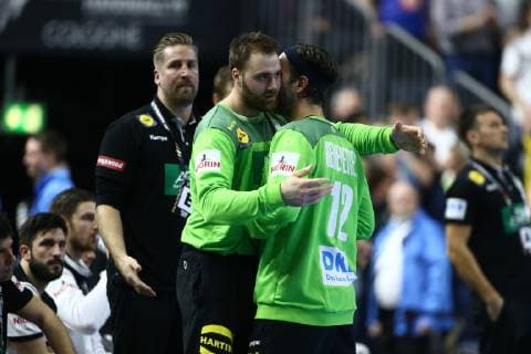 Andreas Wolf (Deutschland) umarmt Silvio Heinevetter (Deutschland), Deutschland vs Spanien, IHF Maenner Handball Weltmeisterschaft, 23.01.2019 Fotograf Neis Eibner Deutschland vs Spanien, IHF Maenner Handball Weltmeisterschaft, 23.01.2019 Köln Copyright: xEIBNER Alexander_Neisx EP_ANS