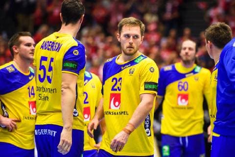 190123 Albin Lagergren of Sweden looks dejected after the IHF World Handball Championship match between Denmark and Sweden on January 23, 2019 in Herning. Photo: Petter Arvidson BILDBYRN kod PA 92213 Copyright: PETTERxARVIDSON BB190123PA119