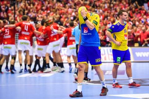 190123 Max Darj and Jesper Konradsson of Sweden looks dejected after the IHF World Handball Championship match between Denmark and Sweden on January 23, 2019 in Herning. Photo: Petter Arvidson BILDBYRN kod PA 92213 Copyright: PETTERxARVIDSON BB190123PA120