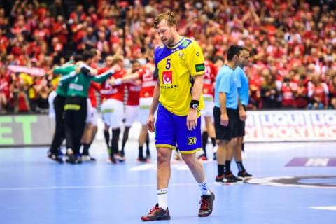 190123 Max Darj of Sweden looks dejected after the IHF World Handball Championship match between Denmark and Sweden on January 23, 2019 in Herning. Photo: Petter Arvidson BILDBYRN kod PA 92213 Copyright: PETTERxARVIDSON BB190123PA121