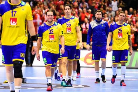 190123 Mattias Zachrisson and Kim Andersson of Sweden looks dejected after the IHF World Handball Championship match between Denmark and Sweden on January 23, 2019 in Herning. Photo: Petter Arvidson BILDBYRN kod PA 92213 Copyright: PETTERxARVIDSON BB190123PA126