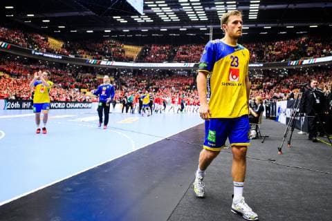 190123 Albin Lagergren of Sweden looks dejected after the IHF World Handball Championship match between Denmark and Sweden on January 23, 2019 in Herning. Photo: Petter Arvidson BILDBYRN kod PA 92213 Copyright: PETTERxARVIDSON BB190123PA131