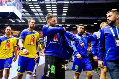 190123 Mattias Zachrisson, Andreas Nilsson and goalkeeper Andreas Palicka of Sweden looks dejected after the IHF World Handball Championship match between Denmark and Sweden on January 23, 2019 in Herning. Photo: Petter Arvidson BILDBYRN kod PA 92213 Copyright: PETTERxARVIDSON BB190123PA132
