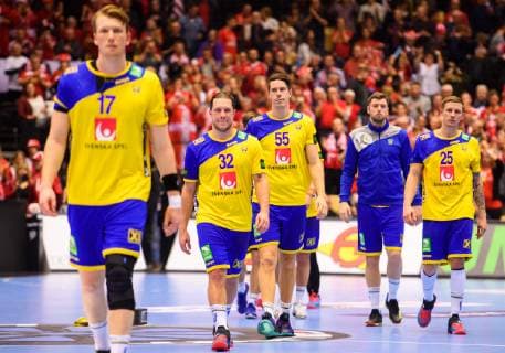 190123 Simon Jeppsson, Mattias Zachrisson, Kim Andersson, Niclas Ekberg and Linus Arnesson of Sweden looks dejected after the IHF World Handball Championship match between Denmark and Sweden on January 23, 2019 in Herning. Photo: Petter Arvidson BILDBYRAN kod PA 92213 Copyright: PETTERxARVIDSON BB190123PA140