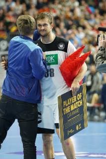 Sport Bilder des Tages GER, IHF WM 2019, Deutschland (GER) vs Spanien (ESP) 23.01.2019, Lanxess Arena,Koeln, GER, IHF WM 2019, Deutschland (GER) vs Spanien (ESP), im Bild picture shows: player of the match = Fabian Böhm Boehm (GER 38),