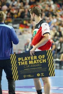 GER, IHF WM 2019, Deutschland (GER) vs Spanien (ESP) 23.01.2019, Lanxess Arena,Koeln, GER, IHF WM 2019, Deutschland (GER) vs Spanien (ESP), im Bild picture shows: player of the match = Fabian Böhm Boehm (GER 38),