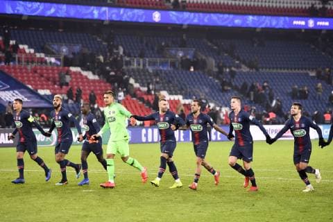 JESE (psg) - 17 ERIC MAXIM CHOUPO MOTING (PSG) - 27 MOUSSA DIABY (PSG) - 16 ALPHONSE AREOLA (PSG) - 13 DANI ALVES (PSG) - 23 JULIAN DRAXLER (PSG) - 14 JUAN BERNAT (PSG) - JOIE FOOTBALL : Paris SG vs Strasbourg - Coupe de France - 23 01 2019 AnthonyBIBARD FEP Panoramic 