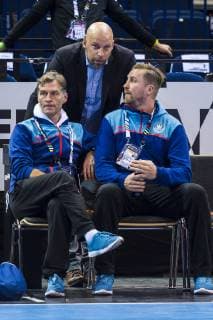 Hamburg, Deutschland 24. Januar 2019: WM 2019 Männer - Halbfinale - Deutschland Pressekonferenz Physio Peter Gräschus, Vorstand Axel Kromer, Teammanager Oliver Roggisch (Deutschland) Hamburg Barclaycard Arena Deutschland