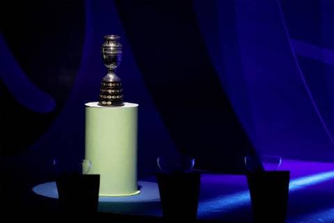 (190125) -- RIO DE JANEIRO, Jan. 25, 2019 (Xinhua) -- Photo taken on Jan. 24, 2019 shows the trophy of the CONMEBOL Copa America at the official draw ceremony held in Rio de Janeiro, Brazil. The draw result was Brazil, Bolivia, Venezuela and Peru in Group A, Argentina, Colombia, Paraguay and Qatar in Group B, Uruguay, Ecuador, Japan and Chile in Group C. The tournament will be held from June 14 to July 7 in 5 cities in Brazil. (Xinhua Li Ming) (SP)BRAZIL-RIO DE JANEIRO-CONMEBOL-COPA AMERICA 2019-DRAW 