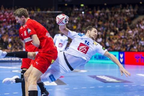Hamburg, Deutschland 25. Januar 2019: WM 2019 Männer - Halbfinale - Deutschland vs. Norwegen v.li. Magnus Landin (Daenemark), Kentin Mahe (Frankreich) Hamburg Barclaycard Arena Deutschland