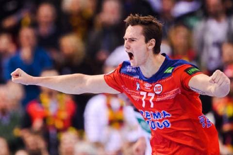 Sport Bilder des Tages 190125 Magnus Abelvik R¿d of Norway celebrates during the IHF World Handball Championship match between Germany and Norway on January 25, 2019 in Hamburg. Photo: Ludvig Thunman BILDBYRN kod LT 35585 Copyright: LUDVIGxTHUNMAN BB190125LT051