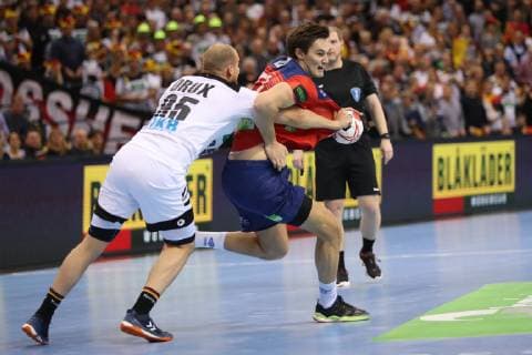 26th Mens Handball World Championship WM Weltmeisterschaft Deutschland vs Norwegen, 25.01.19 Magnus Abelvik Roed (Norwegen, 77) gegen Paul Drux (Deutschland, 95)