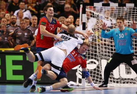 Magnus Rod, Paul Drux, Magnus Gullerud Aktion Spielszene Zweikampf Handball Weltmeisterschaft WM Herren Halbfinale Saison 2018 2019 25.01.2019 Deutschland GER DHB vs. Norwegen NOR