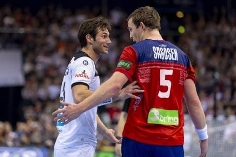 Uwe Gensheimer (Nr. 3, Deutschland) und Sander Sagosen (Nr. 5, Norwegen). Deutschland vs. Norwegen, Halbfinale, Handball, IHF Handball Weltmeisterschaft, 25.01.19 Hamburg Hamburg Germany Barclaycard-Arena Copyright: xAgentur54Gradx xFelixxKoenigx