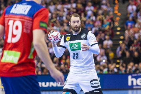 Hamburg, Deutschland 25. Januar 2019: WM 2019 Männer - Halbfinale - Deutschland vs. Norwegen v.li. Kristian Bjornsen (Norwegen HSG Wetzlar), Steffen Fäth Faeth (Deutschland Rhein-Neckar Loewen) Hamburg Barclaycard Arena Deutschland