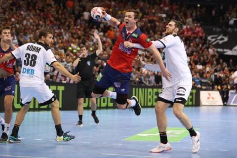 26th Mens Handball World Championship WM Weltmeisterschaft Deutschland vs Norwegen, 25.01.19 Sander Sagosen (Norwegen, 05) gegen Hendrik Pekeler (Deutschland, 13) und Fabian Boehm (Deutschland, 38)