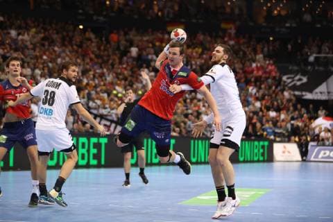 26th Mens Handball World Championship WM Weltmeisterschaft Deutschland vs Norwegen, 25.01.19 Sander Sagosen (Norwegen, 05) gegen Hendrik Pekeler (Deutschland, 13) und Fabian Boehm (Deutschland, 38)