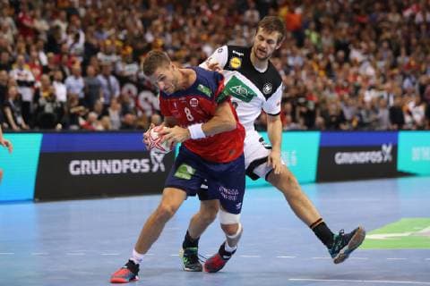 26th Mens Handball World Championship WM Weltmeisterschaft Deutschland vs Norwegen, 25.01.19 Bjarte Myrhol (Norwegen, 08) gegen Fabian Boehm (Deutschland, 38)