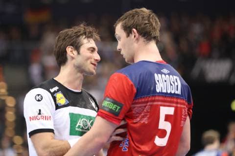 26th Mens Handball World Championship WM Weltmeisterschaft Deutschland vs Norwegen, 25.01.19 Uwe Gensheimer (Deutschland, 03) und Sander Sagosen (Norwegen, 05)
