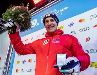 25.01.2019, Streif, Kitzbuehel, AUT, FIS Weltcup Ski Alpin, Abfahrt, Herren, Siegerehrung, im Bild Otmar Striedinger (AUT, 3. Platz) third placed Otmar Striedinger of Austria during the winner Ceremony for the men s Downhill of FIS Ski Alpine World Cup at the Streif in Kitzbuehel, Austria on 2019 01 25. Kitzbuehel