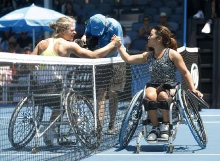 Tennis: De Groot, Kamiji at Australian Open Diede De Groot of the Netherlands (L) and Yui Kamiji of Japan shake hands after the women s wheelchair singles final at the Australian Open tennis tournament in Melbourne on Jan. 26, 2019. De Groot won 6-0, 6-2. 