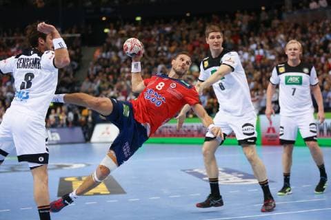 Bjarte Myrhol (Norwegen 8), Uwe Gensheimer (Deutschland 3), Finn Lemke (Deutschland 6), Partick Wiencek (Deutschland 7), Deutschland-Norwegen, Handball-WM 2019 Hamburg