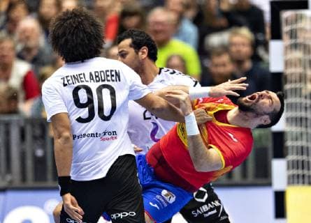 January 26, 2019 - Herning, Denmark - Gedeon Guardiola Vilaplana (30), Spain is blocked by Ali Zeinelabedin, Egypt and Ibrahim Elmasry, Egypt in the handball match for the 7th and 8th place between Spain and Egypt in Jyske Bank Boxen in Herning during the 2019 IHF Handball World Championship WM Weltmeisterschaft in Germany Denmark. Handball 2019: Spain - Egypt - ZUMAm173 20190126_zsp_m173_008 Copyright: xLarsxMoellerx