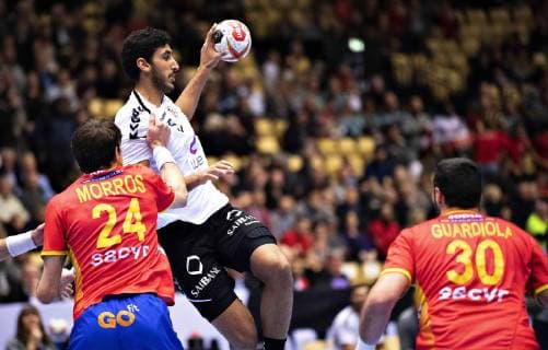 January 26, 2019 - Herning, Denmark - Viran Morros de Argila (24), Spain and Gedeon Guardiola Vilaplana (30), Spain are blocking an attack from Yahia Omar, Egypt in the handball match for the 7th and 8th place between Spain and Egypt in Jyske Bank Boxen in Herning during the 2019 IHF Handball World Championship WM Weltmeisterschaft in Germany Denmark. Handball 2019: Spain - Egypt - ZUMAm173 20190126_zsp_m173_001 Copyright: xLarsxMoellerx