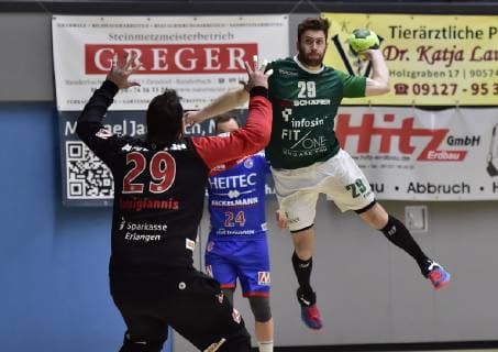 26.01.2019 - Handball - Saison 2018 2019 - Testspiel - Freundschaftsspiel : HC Erlangen HCE - Rimpar Wölfe - OGo - Nikolas Katsigiannis (29, HC Erlangen HCE ) Max Bauer (29, DJK Rimpar Wölfe )