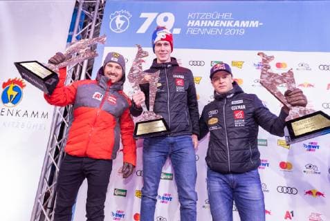AUT, FIS Weltcup Ski Alpin, Kitzbühel 26.01.2019, Streif, Kitzbühel, AUT, FIS Weltcup Ski Alpin, Slalom, Herren, Siegerehrung, im Bild v.l. Marcel Hirscher (AUT, 2. Platz), Clement Noel (FRA, 1. Platz), Alexis Pinturault (FRA, 3. Platz) f.l. second placed Marcel Hirscher of Austria winner Clement Noel of France third placed Alexis Pinturault of France during the winner Ceremony for the men s Slalom of FIS Ski Alpine World Cup at the Streif in Kitzbühel, Austria on 2019 01 26. Kitzbuehel Tirol Oesterreich Streif