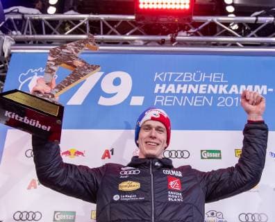 AUT, FIS Weltcup Ski Alpin, Kitzbühel 26.01.2019, Streif, Kitzbühel, AUT, FIS Weltcup Ski Alpin, Slalom, Herren, Siegerehrung, im Bild Clement Noel (FRA, 1. Platz) winner Clement Noel of France during the winner Ceremony for the men s Slalom of FIS Ski Alpine World Cup at the Streif in Kitzbühel, Austria on 2019 01 26. Kitzbuehel Tirol Oesterreich Streif
