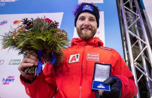 AUT, FIS Weltcup Ski Alpin, Kitzbühel 26.01.2019, Streif, Kitzbühel, AUT, FIS Weltcup Ski Alpin, Slalom, Herren, Siegerehrung, im Bild Marco Schwarz (AUT, 5. Platz) fifth placed Marco Schwarz of Austria during the winner Ceremony for the men s Slalom of FIS Ski Alpine World Cup at the Streif in Kitzbühel, Austria on 2019 01 26. Kitzbuehel Tirol Oesterreich Streif