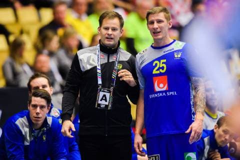Handball, WM, Spiel um Platz 5, Kroatien - Schweden 190126 Kristjan Andresson, head coach and Linus Arnesson of Sweden during the IHF World Handball Championship placement match between Croatia and Sweden on January 26, 2019 in Herning. Photo: Ludvig Thunman BILDBYRN kod LT 35586 Copyright: LUDVIGxTHUNMAN BB190126LT036