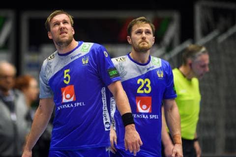 Handball, WM, Spiel um Platz 5, Kroatien - Schweden 190126 Max Darj and Albin Lagergren of Sweden during the IHF World Handball Championship placement match between Croatia and Sweden on January 26, 2019 in Herning. Photo: Ludvig Thunman BILDBYRN kod LT 35586 Copyright: LUDVIGxTHUNMAN BB190126LT038