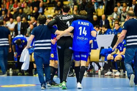 190127 goalkeeper Cyril Dumoulin of France receives help of the pitch during the IHF World Handball Championship bronze medal game between Germany and France on January 27, 2019 in Herning. Photo: Ludvig Thunman BILDBYRN kod LT 35587 Copyright: LUDVIGxTHUNMAN BB190127LT008