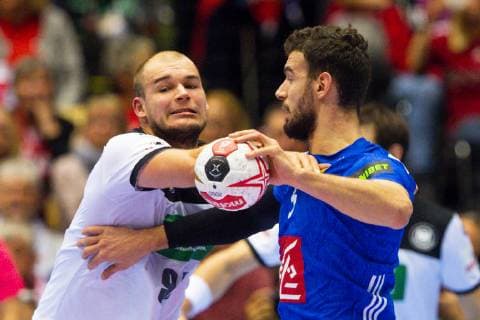 190127 Paul Drux of Germany and Nedim Remili of France during the IHF World Handball Championship bronze medal game between Germany and France on January 27, 2019 in Herning. Photo: Ludvig Thunman BILDBYRN kod LT 35587 Copyright: LUDVIGxTHUNMAN BB190127LT015