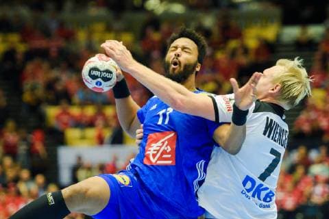 190127 Timothey Guessan of France and Patrick Wiencek of Germany during the IHF World Handball Championship bronze medal game between Germany and France on January 27, 2019 in Herning. Photo: Ludvig Thunman BILDBYRN kod LT 35587 Copyright: LUDVIGxTHUNMAN BB190127LT033