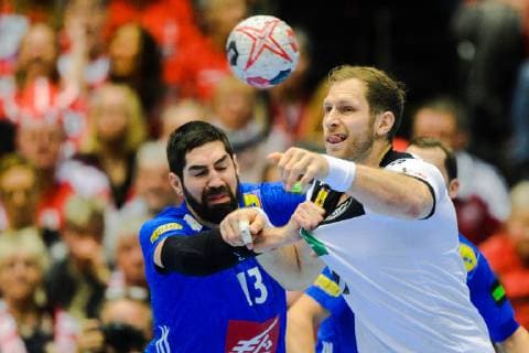 190127 Nikola Karabatic of France and Steffen Weinhold of Germany during the IHF World Handball Championship bronze medal game between Germany and France on January 27, 2019 in Herning. Photo: Ludvig Thunman BILDBYRN kod LT 35587 Copyright: LUDVIGxTHUNMAN BB190127LT038