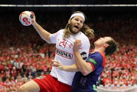 Mikkel Hansen, Sander Sagosen Aktion Spielszene Zweikampf Handball Weltmeisterschaft WM Herren Finale Saison 2018 2019 27.01.2019 Norwegen NOR vs. Dänemark DEN