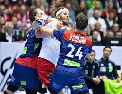 Mikkel Hansen of Denmark against Christian O Sullivan of Norway during the men s IHF Handball World Championship WM Weltmeisterschaft gold medal match between Denmark and Norway in Herning, Denmark, Sunday, Jan. 27, 2019.. , Herning Jylland Denmark Copyright: HenningxBagger HenningxBaggerx COP102 spdk20190127-174823-L