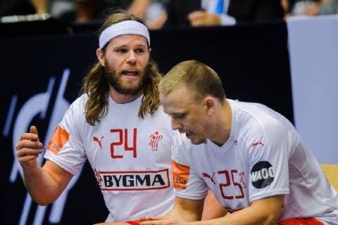 190127 Mikkel Hansen and Morten Toft Olsen of Denmark during the IHF World Handball Championship final between Norway and Denmark on January 27, 2019 in Herning. Photo: Ludvig Thunman BILDBYRN kod LT 35588 Copyright: LUDVIGxTHUNMAN BB190127LT085