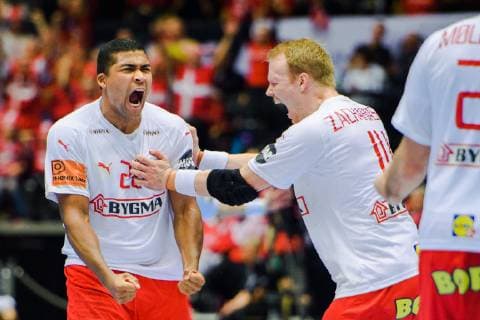 190127 Mads Mensah and Rasmus Lauge of Denmark celebrates during the IHF World Handball Championship final between Norway and Denmark on January 27, 2019 in Herning. Photo: Ludvig Thunman BILDBYRN kod LT 35588 Copyright: LUDVIGxTHUNMAN BB190127LT099