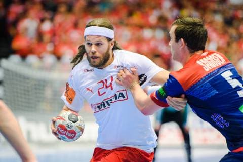 190127 Mikkel Hansen of Denmark and Sander Sagosen of Norway during the IHF World Handball Championship final between Norway and Denmark on January 27, 2019 in Herning. Photo: Ludvig Thunman BILDBYRN kod LT 35588 Copyright: LUDVIGxTHUNMAN BB190127LT104