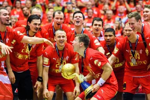 190127 Players of Denmark celebrates at the podium with the trophy after the IHF World Handball Championship final between Norway and Denmark on January 27, 2019 in Herning. Photo: Ludvig Thunman BILDBYRN kod LT 35588 Copyright: LUDVIGxTHUNMAN BB190127LT146