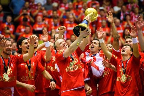 190127 Players of Denmark celebrates at the podium with the trophy after the IHF World Handball Championship final between Norway and Denmark on January 27, 2019 in Herning. Photo: Ludvig Thunman BILDBYRN kod LT 35588 Copyright: LUDVIGxTHUNMAN BB190127LT148