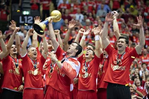 Rasmus Lauge of Denmark with the trophy and gold medal after the men s IHF Handball World Championship WM Weltmeisterschaft gold medal match between Denmark and Norway in Herning, Denmark, Sunday, Jan. 27, 2019.. , Herning Jylland Denmark Copyright: HenningxBagger HenningxBaggerx COP102 spdk20190127-194747-L
